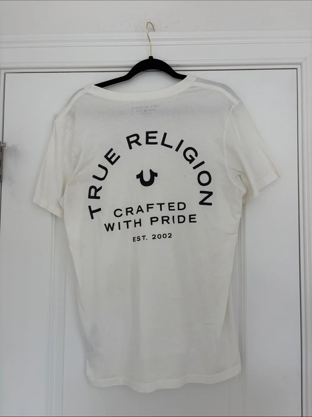 True Religion White Short Sleeve Crew Tee with Black Logo